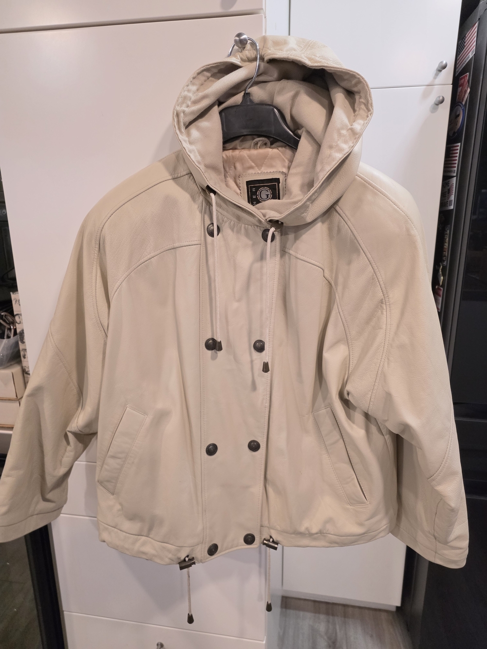Vintage G-III Leather Hooded Jacket Beige Cream Oversized 80s 90s